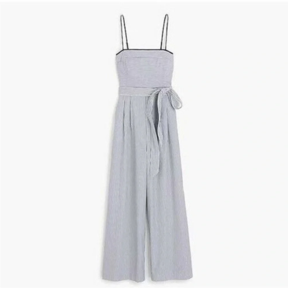 J.‎ CREW Striped Cotton Cropped Jumpsuit Tie Waist Belted Navy Blue White size 2